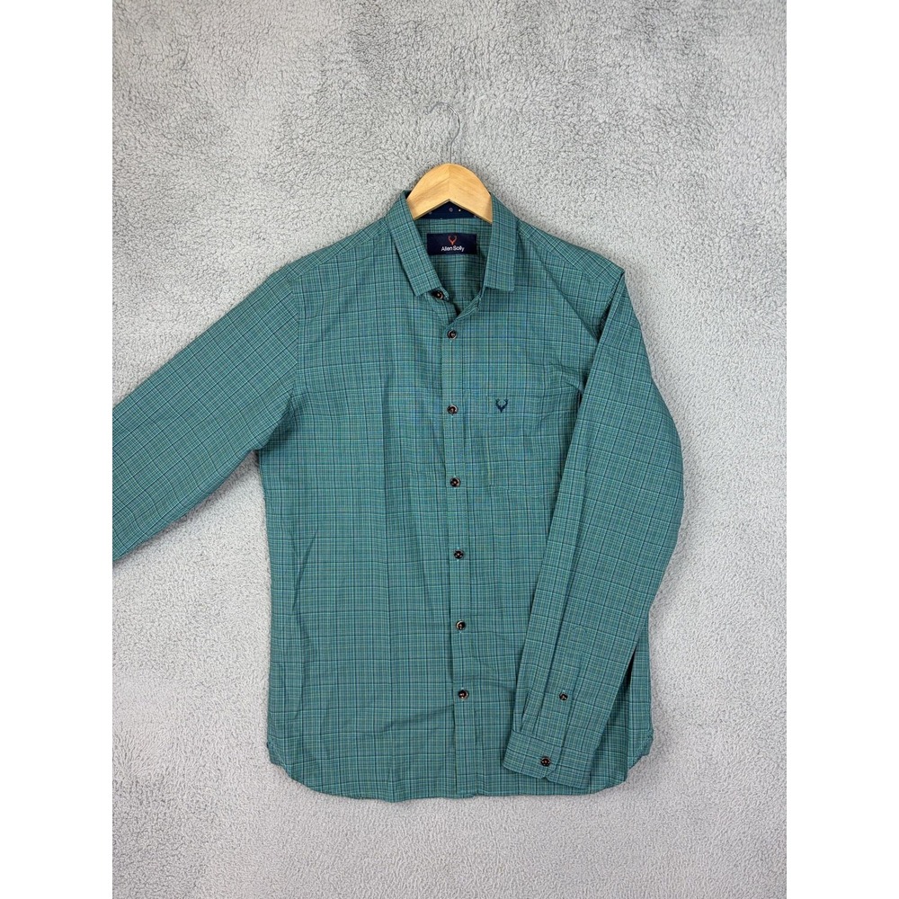 Allen Solly Shirt Mens Medium Blue Check Long Sleeve Button Front Slim Casual